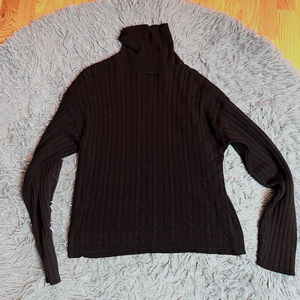 Halston Black Cable Knit Cotton Turtleneck Sweater Size L
